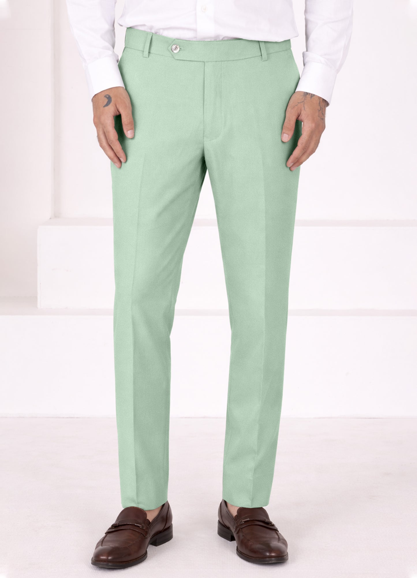 Surf Green Worsted Wool 4 Way Stretch Wrinkle Free Fluid Drape Fabric Stretchable Waistband Pant