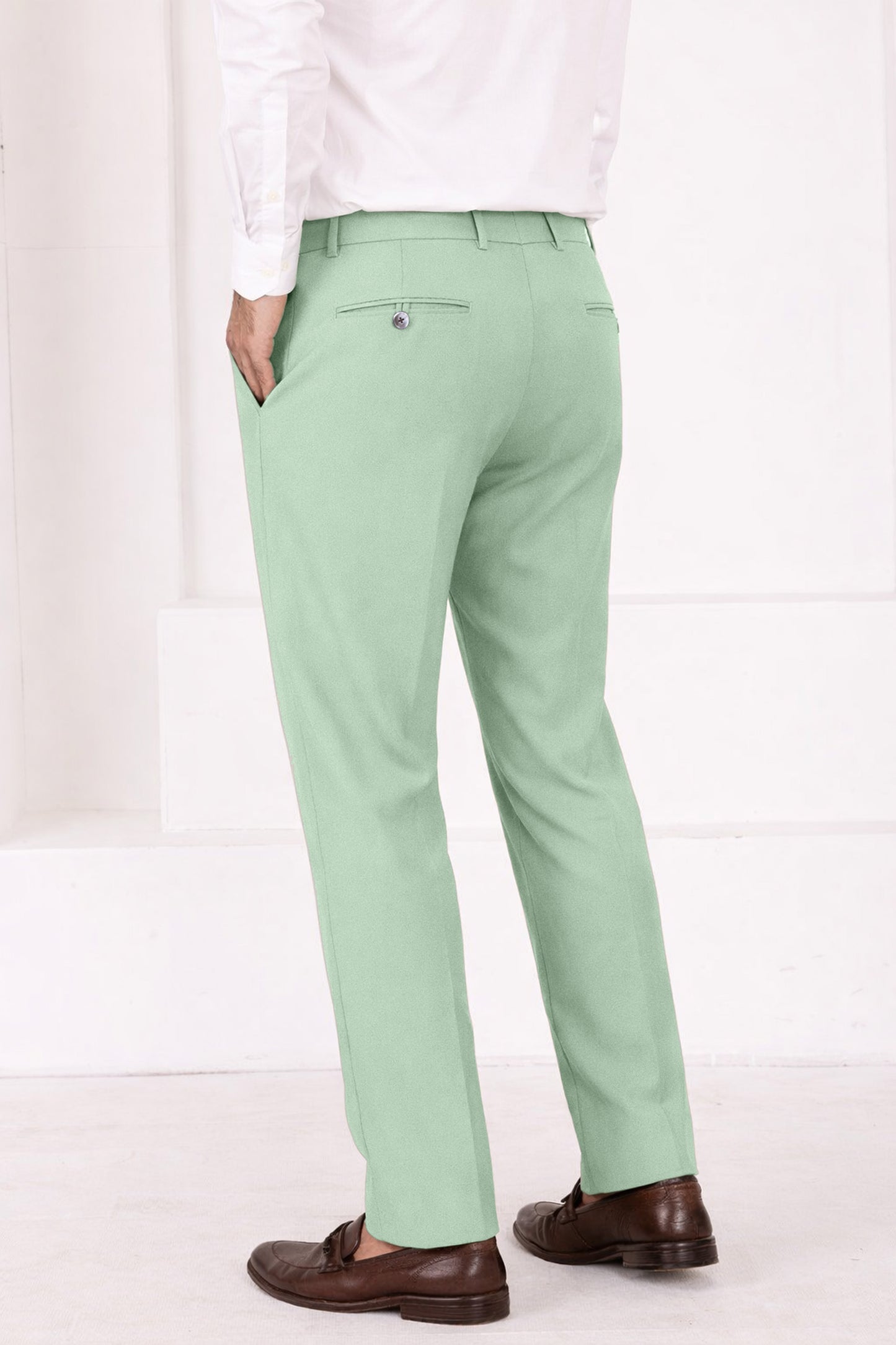 Surf Green Worsted Wool 4 Way Stretch Wrinkle Free Fluid Drape Fabric Stretchable Waistband Pant