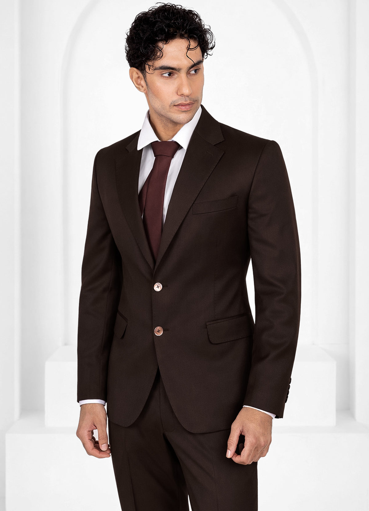 Cocoa Brown Worsted Wool 4 Way Stretch Wrinkle Free Fluid Drape Fabric Single Breasted Suit
